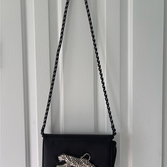 Vintage NIMA 80’s Silver Leopard Elegant Black Shoulder Bag Chain Strap Unique - Picture 2 of 5
